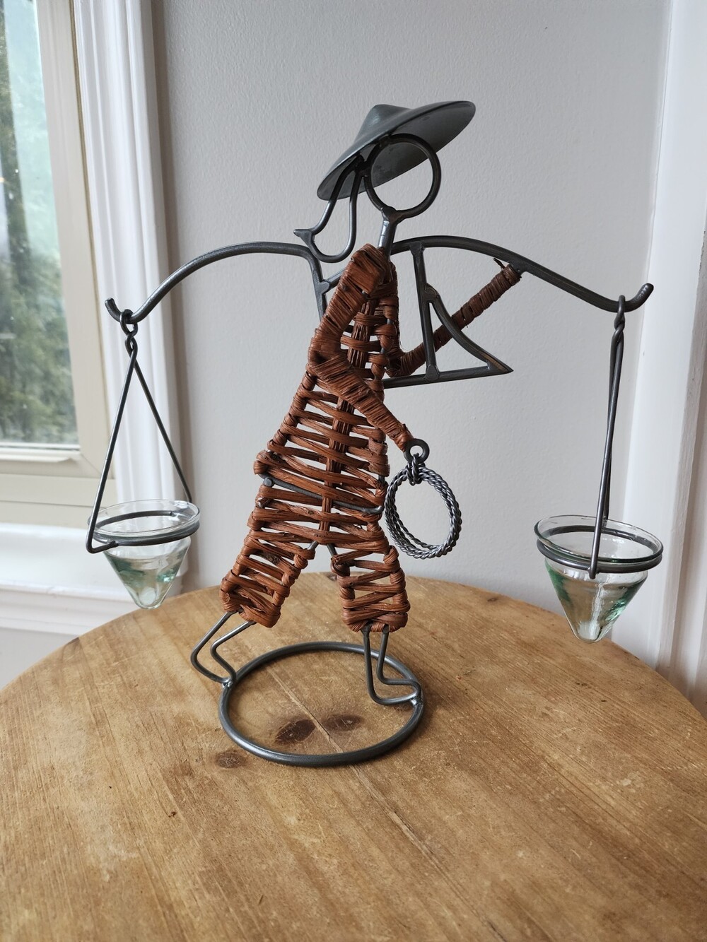 Mexican Art Metal And Wicker Candleholder Tea Light Girl In Hat Cowboy Decor